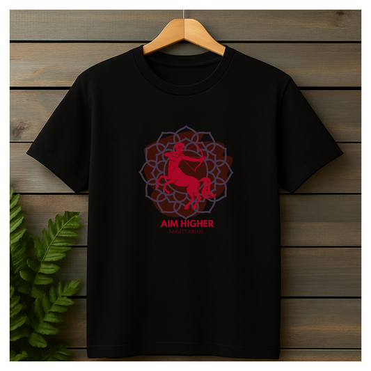 Sagittarius Zodiac Black T-Shirt – Aim Higher | Bold Archer Fire Sign Tee