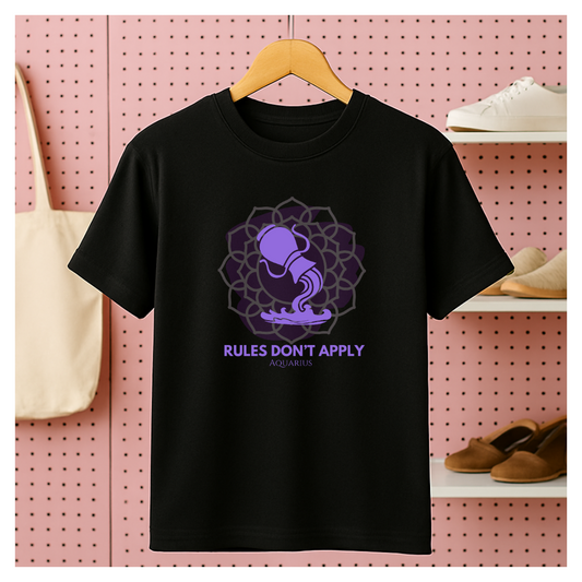 Aquarius Zodiac Black T-Shirt – Rules Don’t Apply | Rebel Air Sign Tee
